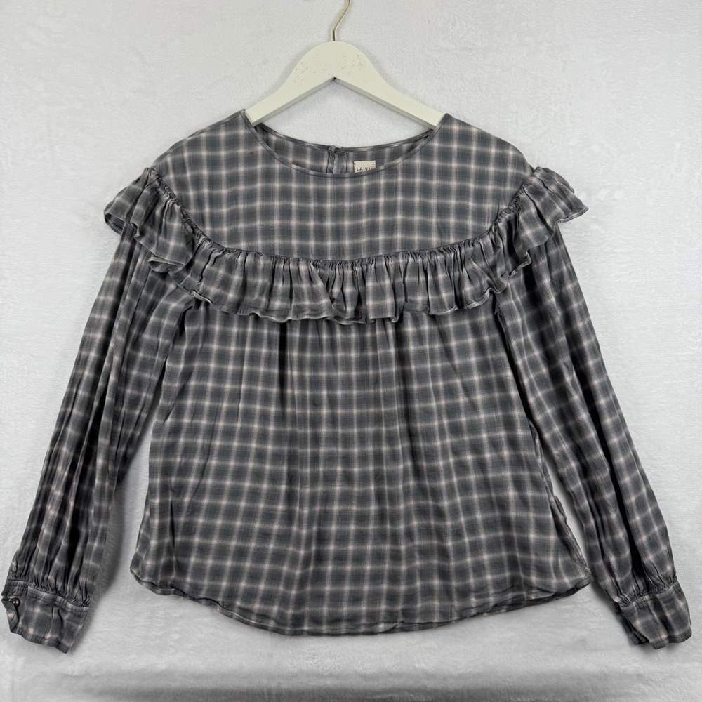LA VIE Rebecca Taylor Plaid Ruffle Blouse Women's‎ Medium Gray Pink Long Sleeve